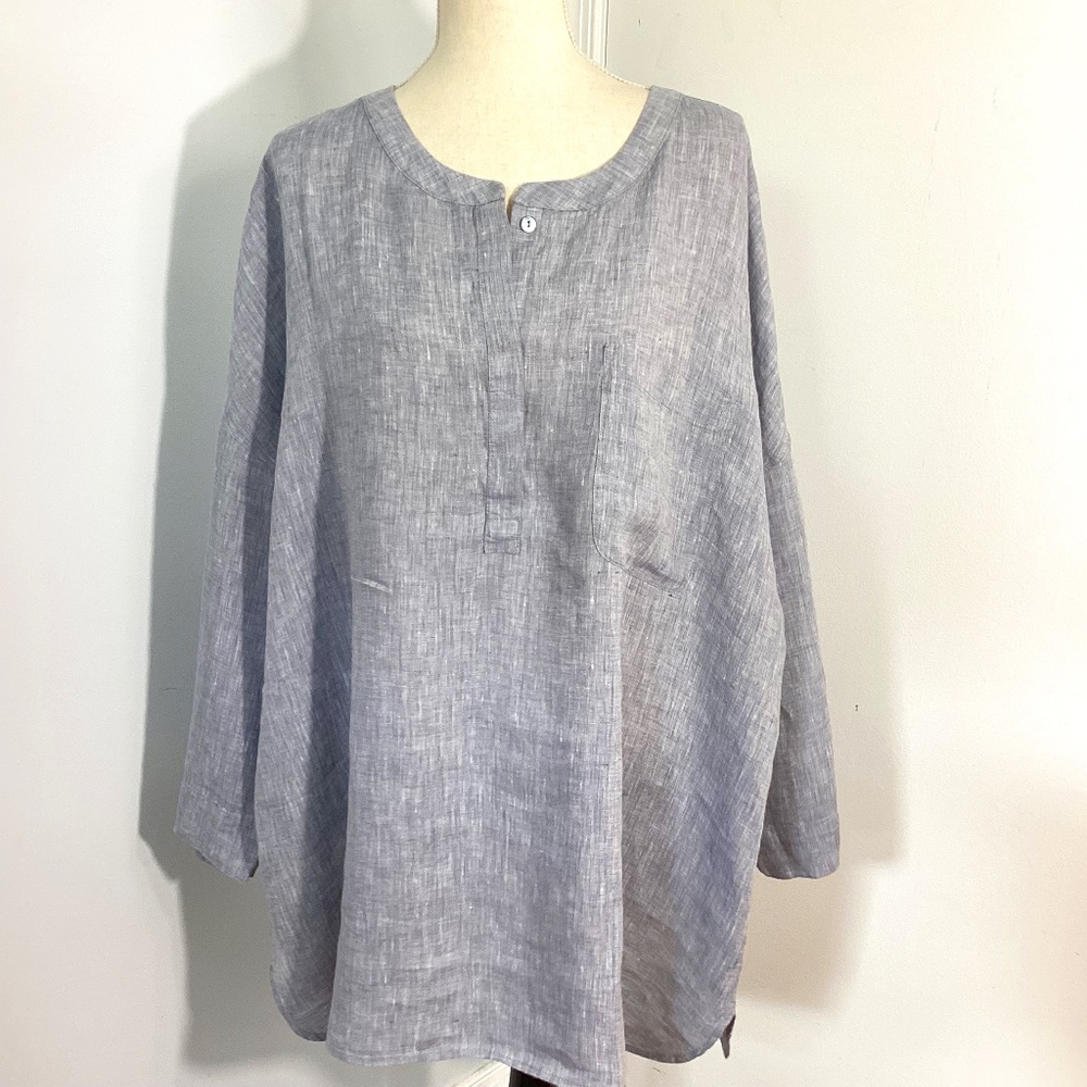 NWT PURE JILL LINEN ONE-POCKET TUNIC COLOR: QUARRY ROCK/WHITE